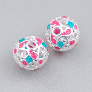 Connector Component Enamelled Brass Beads Sphere 19x16mm 6pcs Silver Red and Turquoise