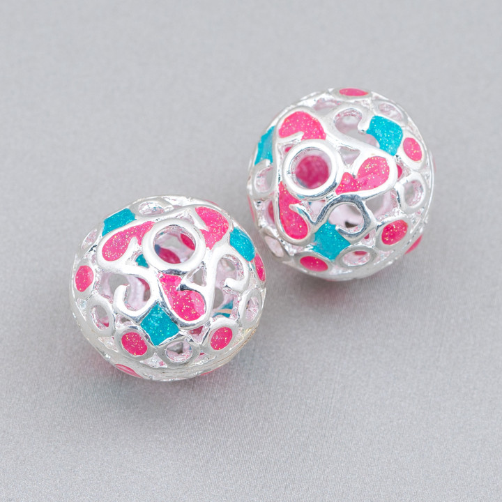 Connector Component Enamelled Brass Beads Sphere 19x16mm 6pcs Silver Red and Turquoise
