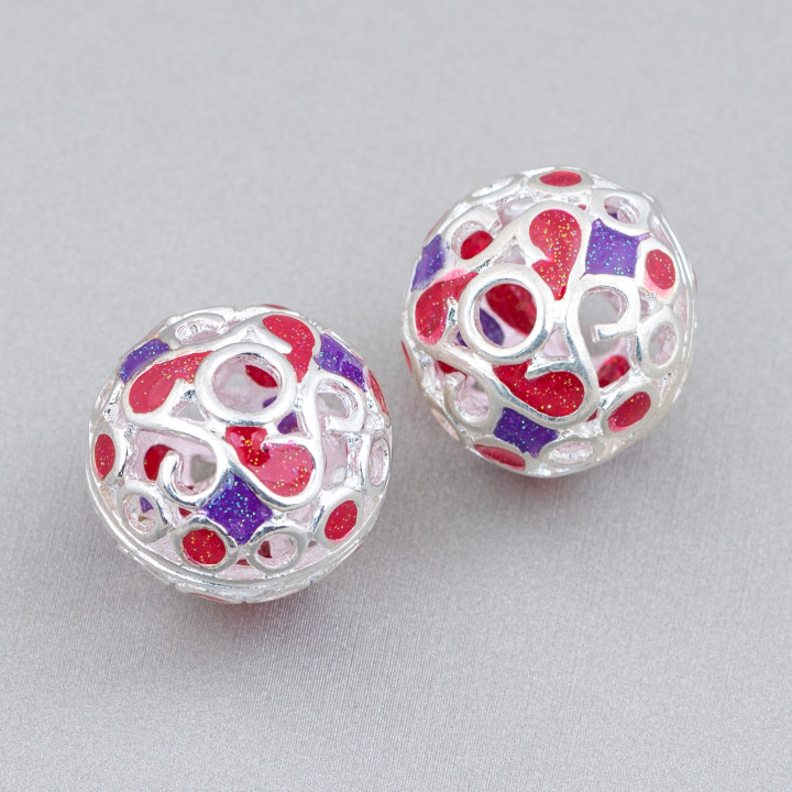 Componente Connettore Perline Di Ottone Smaltato Sfera 19x16mm 6pz Argentato Rosso E Viola