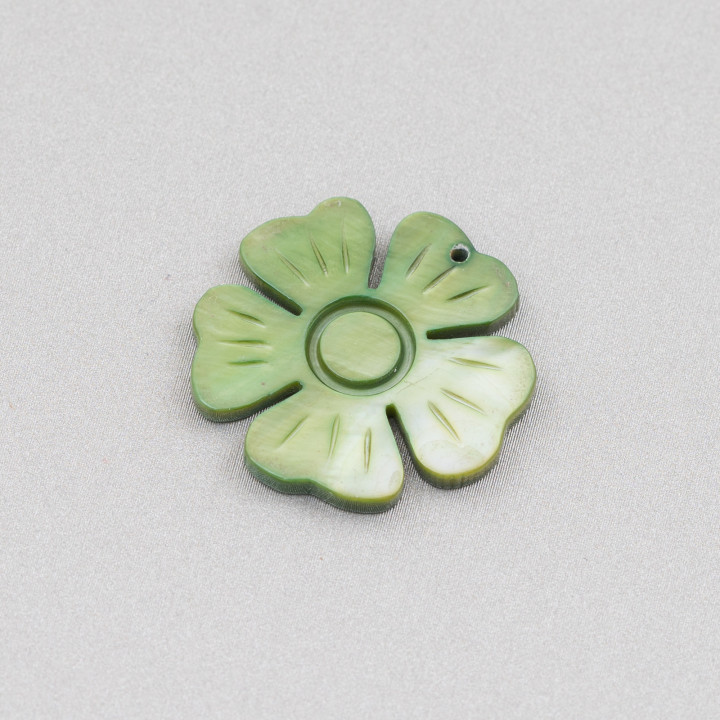 Pendentif Nacre Plate Gravé Composant 25mm 4pcs Vert