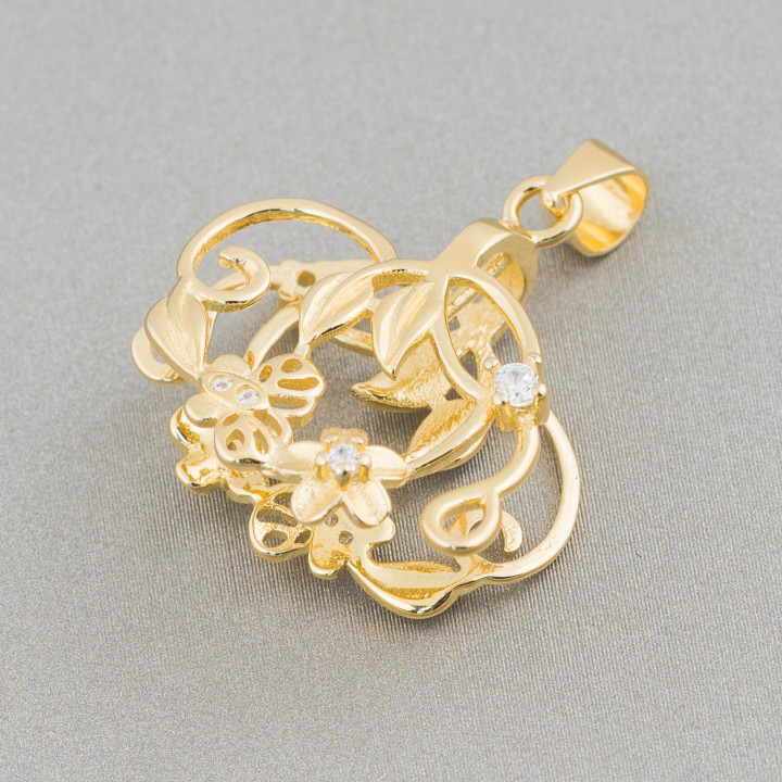 Gancio Per Pendente Di Argento 925 Con Zirconi Fiori E Farfalle 22x25mm 2pz Dorato Bianco