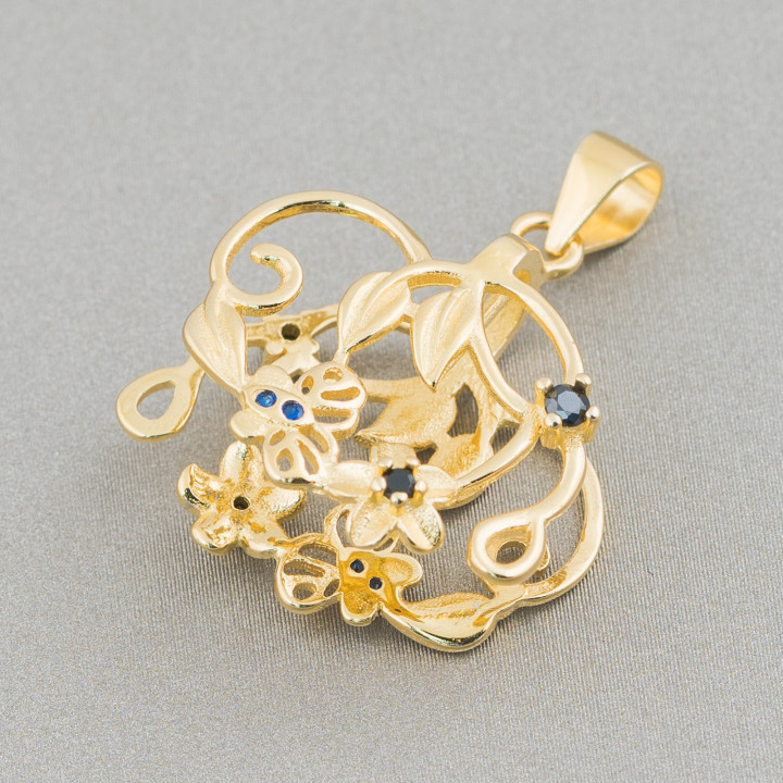 Hook for 925 Silver Pendant with Zircons Flowers and Butterflies 22x25mm 2pcs Golden Black