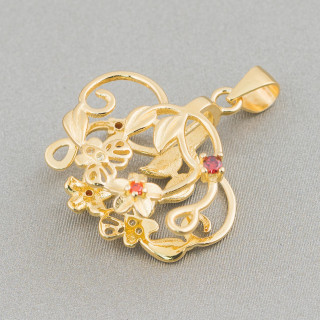 Haken für Anhänger aus Silber 925 mit Zirkonen Blumen und Schmetterlingen 22x25mm 2St Rotgold