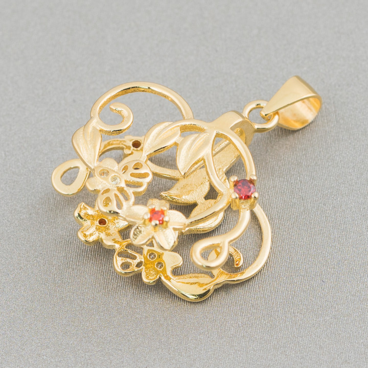 Gancho Para Colgante De Plata 925 Con Circonitas Flores Y Mariposas 22x25mm 2pcs Rojo Dorado
