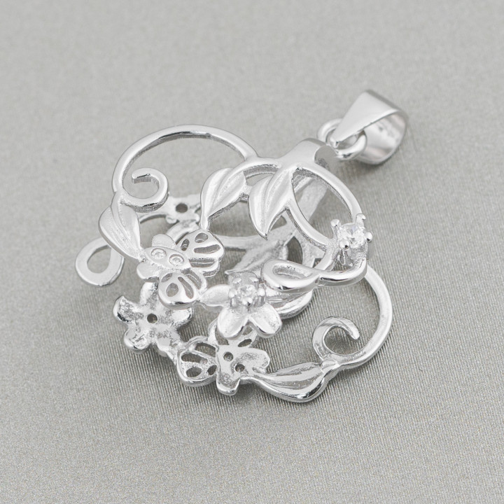 Hook for 925 Silver Pendant with Zircons Flowers and Butterflies 22x25mm 2pcs White Rhodium Plated