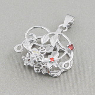 Hook For Pendant Of 925 Silver With Zircons Flowers And Butterflies 22x25mm 2pcs Rhodium Plated Red
