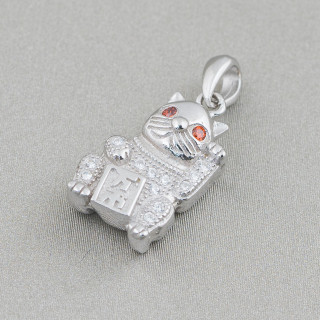 Pendentif en Argent 925 avec Zircons Lucky Cat 10x23mm 2pcs Rhodié