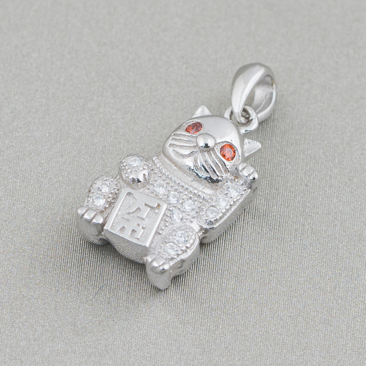 Pendentif en Argent 925 avec Zircons Lucky Cat 10x23mm 2pcs Rhodié