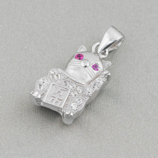 Pendant 925 Silver Pendant With Zircons Lucky Cat 10x23mm 2pcs Rhodium Plated Ruby