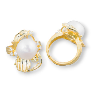 Blumenring aus 925er Sterlingsilber mit Zirkonia und Flussperlen, 18 x 25 mm, verstellbare Größe, 1 Stk., golden