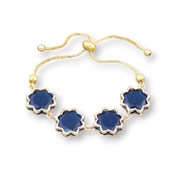 Bracciale Di Bronzo Con Occhio Di Gatto 16mm Incastonato Misura Regolabile Sali-Scendi Blu Scuro