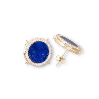 Base for Brass Stud Earrings with Natural Stones Round with 4 Hoops 16mm 3 Pairs Lapis Lazuli