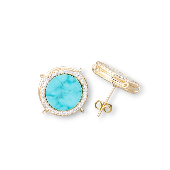Boucles D'oreilles Tiges Laiton Base Avec Pierres Naturelles Rondes Avec 4 Anneaux 16mm 3 Paires Turquoise Magnésite