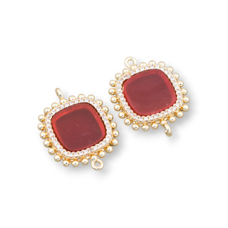 Brass Component Connector With Natural Stones With 2 Rings And Square Zircons 19mm 6pcs Carnelian Red