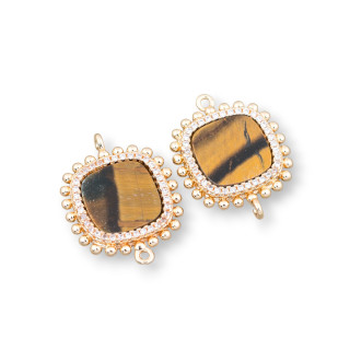 Brass Component Connector With Natural Stones With 2 Rings And Square Zircons 19mm 6pcs Tiger's Eye