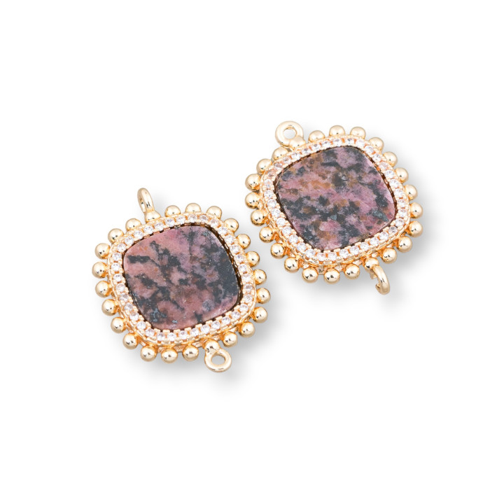 Connecteur de composants en laiton avec pierres naturelles avec 2 anneaux et zircons carrés de 19 mm 6pcs Rhodonite foncé