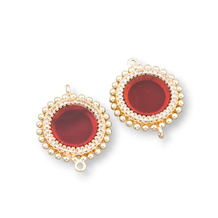 Conector Componente De Latón Con Piedras Naturales Con 2 Anillos Y Circonitas Redondas 20mm 6pcs Cornalina Roja