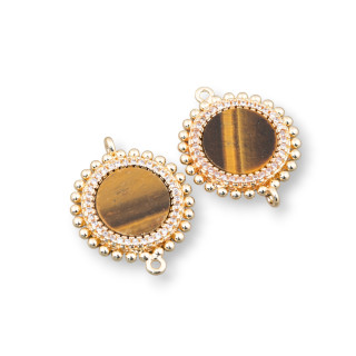 Brass Component Connector With Natural Stones With 2 Rings And Round Zircons 20mm 6pcs Tiger's Eye