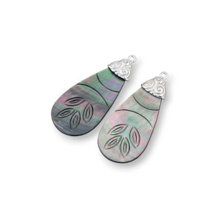 Composant pendentif en nacre noire avec crochet en laiton MOD5 19x45mm 2pcs