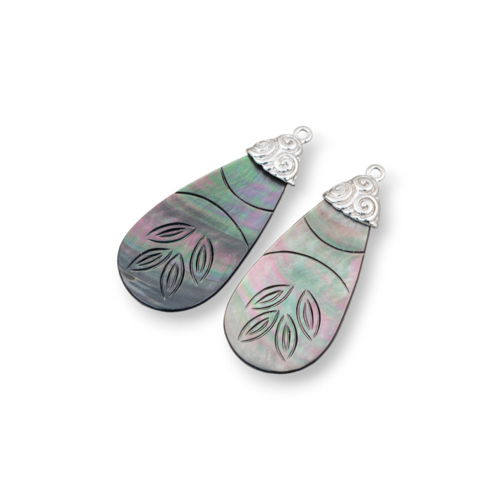 Composant pendentif en nacre noire avec crochet en laiton MOD5 19x45mm 2pcs