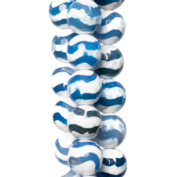 Agate Tibétaine Facette 12mm Lignes Bleues