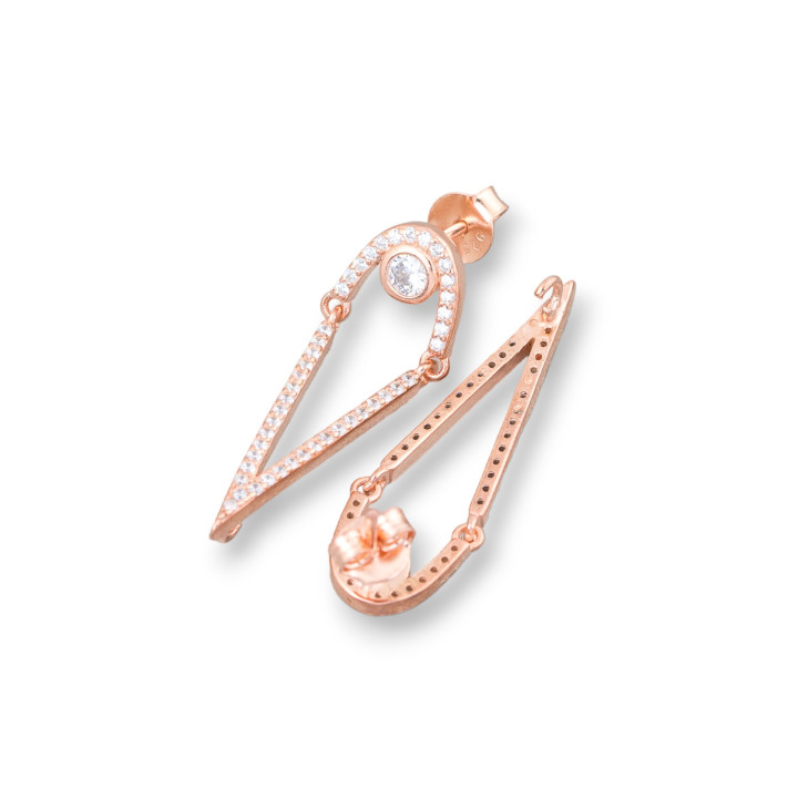 Base Per Orecchini Di Argento 925 A Perno Con Zirconi 10x30mm 2 Paia Oro Rosa
