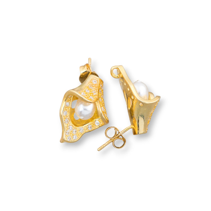 Base Per Orecchini Di Argento 925 Con Zirconi E Perle Di Fiume Perno Campana 14x17,5mm 1 Coppia Dorato