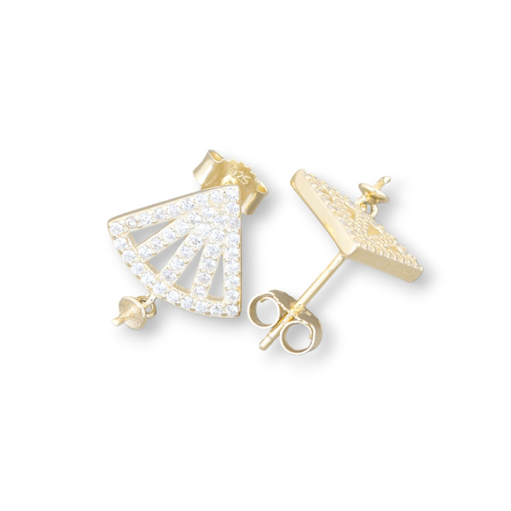 Base Para Pendientes De Plata 925 Con Circonitas Abanico 14x22mm 3 Pares Dorado