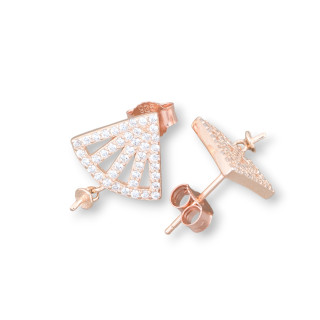 Base For Earrings Of 925 Silver With Zircons Fan-shaped Stud 14x22mm 3 Pairs Rose Gold