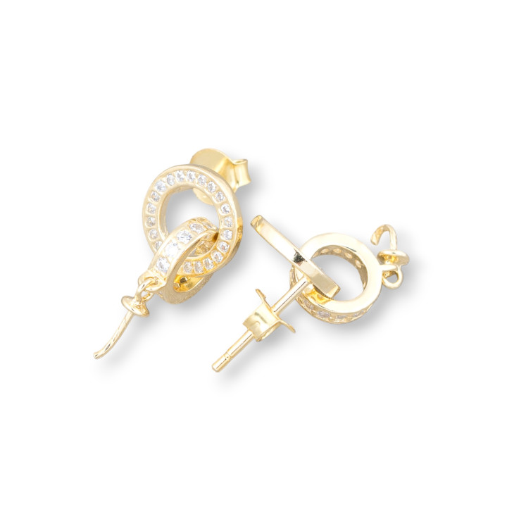 Boucles d'Oreilles Argent 925 Base Avec Zircons Clou Double Cercles 9,5x15,5mm 2 Paires Doré