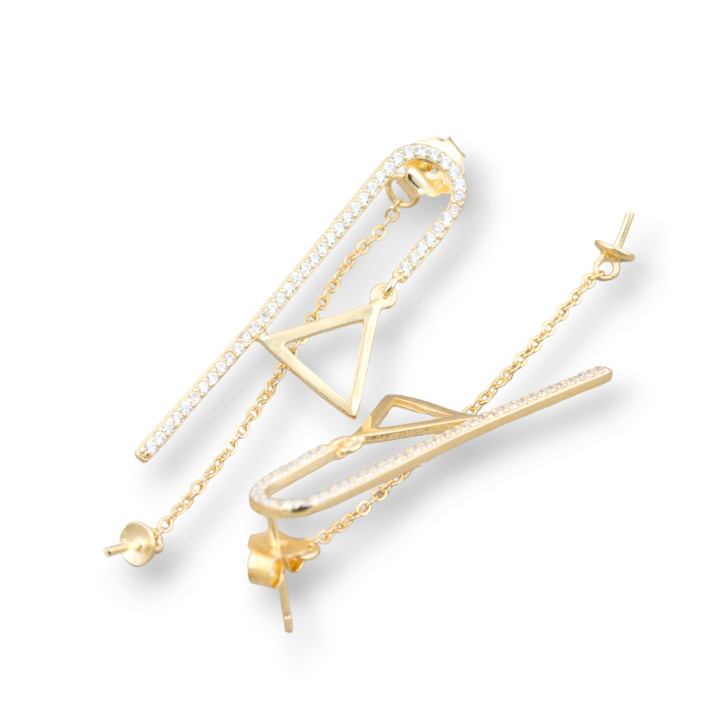 Base Per Orecchini Di Argento 925 Con Zirconi Perno Con Catenella 12x37mm 2 Paia Dorato