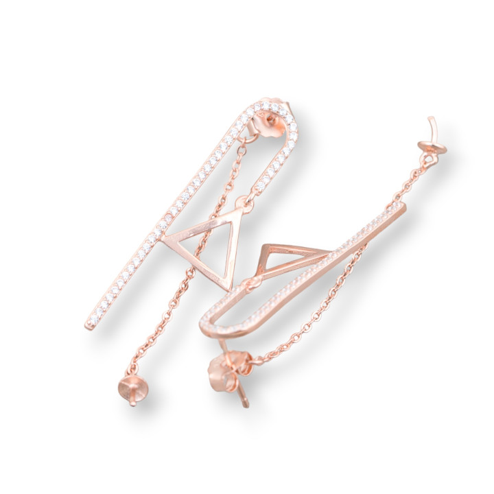 Base For Earrings Of 925 Silver With Zircons Pin With Chain 12x37mm 2 Pairs Rose Gold
