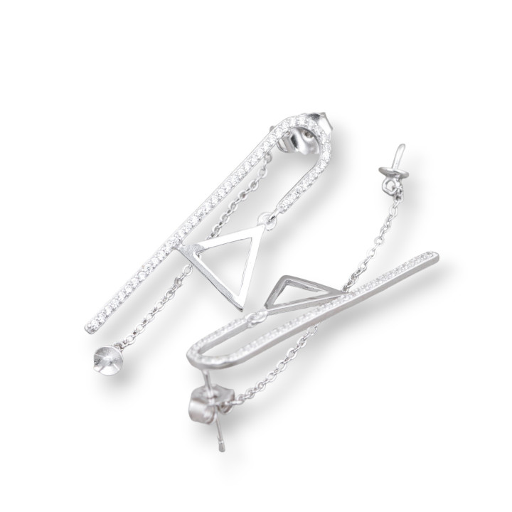 Base Per Orecchini Di Argento 925 Con Zirconi Perno Con Catenella 12x37mm 2 Paia Rodiato