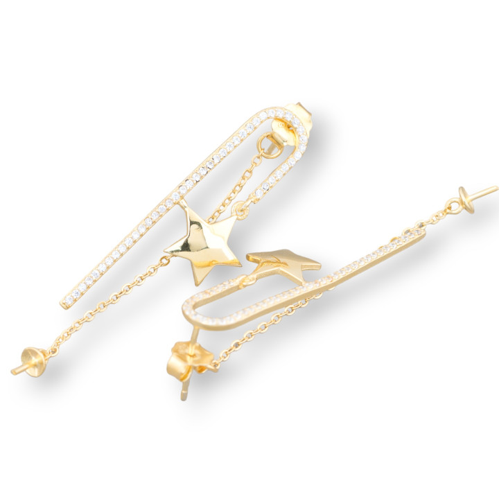 Base Para Pendientes De Plata 925 Con Circonitas Alfiler Con Cadena Y Estrella 13x37mm 2 Pares Dorado