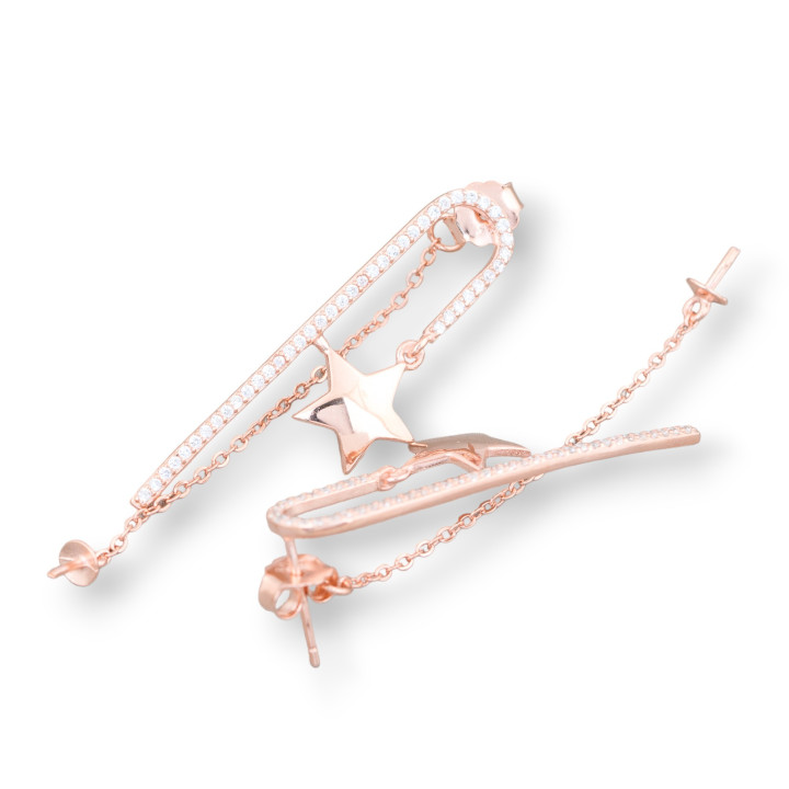 Base Per Orecchini Di Argento 925 Con Zirconi Perno Con Catenella E Stella 13x37mm 2 Paia Oro Rosa