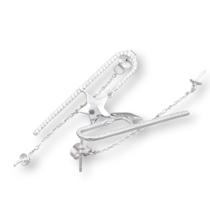 Base Para Pendientes De Plata 925 Con Circonitas Alfiler Con Cadena Y Estrella 13x37mm 2 Pares Rodio