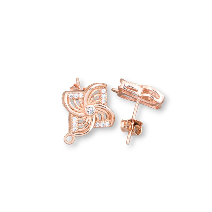 925 Sterling Silber Ohrringe Basis mit Zirkonen Spiralstift 15 mm 3 Paar Roségold