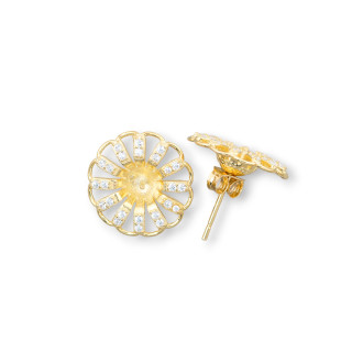 Base Para Aretes De Plata 925 Con Circonitas Pin Margarita 16mm 2 Pares Dorado