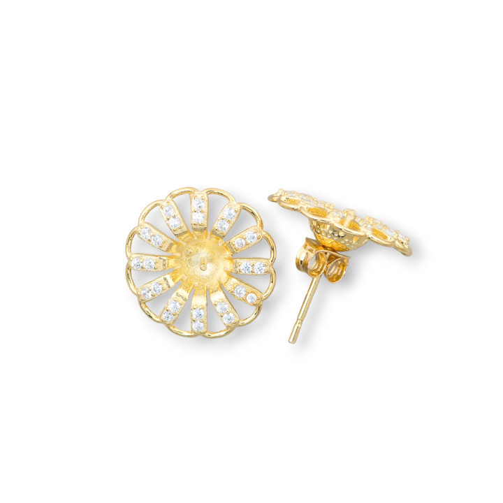 Base Para Aretes De Plata 925 Con Circonitas Pin Margarita 16mm 2 Pares Dorado