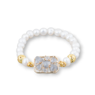 Bracelet Of Potato River Pearls 7.5-8.0mm With Hematite And Central Bronze With Gray Golden Cat's Eye