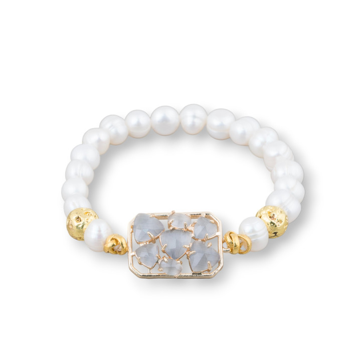 Pulsera De Perlas De Río Podadas 7,5-8,0mm Con Piedra De Lava Y Bronce Central Con Ojo De Gato Gris Dorado