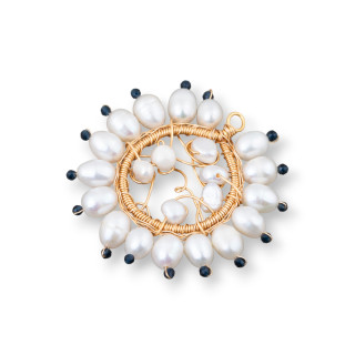 Pendentif Bronze Composant Avec Perles De Rivière Et Zircons Fait Main 40mm 1pc Bleu Foncé