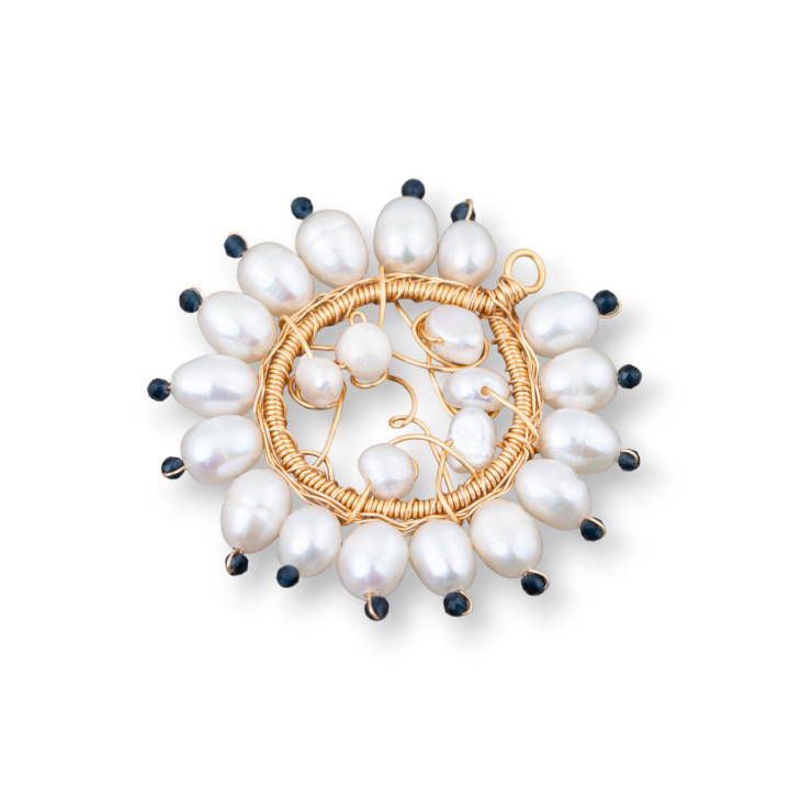 Pendentif Bronze Composant Avec Perles De Rivière Et Zircons Fait Main 40mm 1pc Bleu Foncé