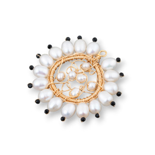 Bronze Pendant Component With Freshwater Pearls And Zircons Handmade 40mm 1pc Black