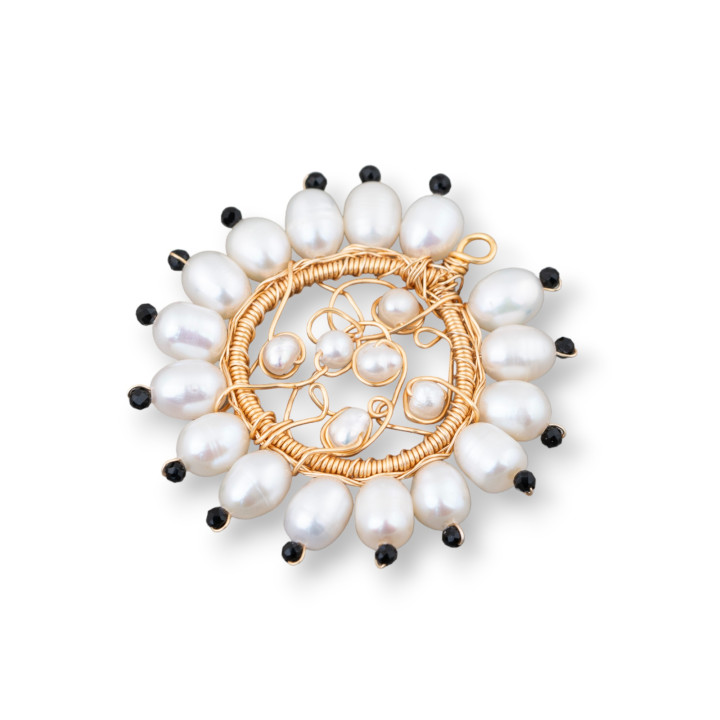 Bronze Pendant Component With Freshwater Pearls And Zircons Handmade 40mm 1pc Black