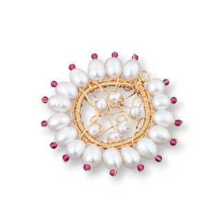 Pendentif Bronze Composant Avec Perles De Rivière Et Zircons Fait Main 40mm 1pc Rouge