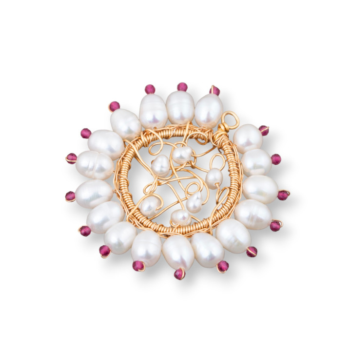 Handmade Bronze Pendant Component With River Pearls And Zircons 40mm 1pc Red