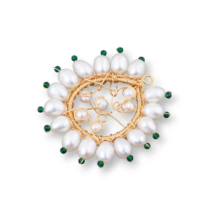 Handmade Bronze Pendant Component With River Pearls And Zircons 40mm 1pc Emerald Green