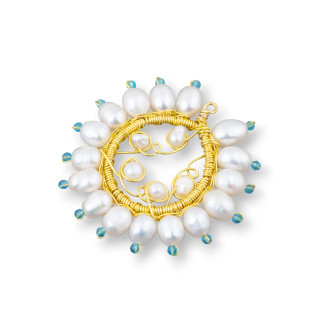 Bronze Pendant Component With Freshwater Pearls And Zircons Handmade 40mm 2pcs Light Blue