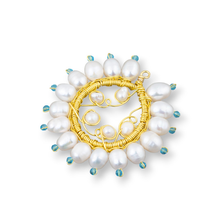 Bronze Pendant Component With Freshwater Pearls And Zircons Handmade 40mm 2pcs Light Blue